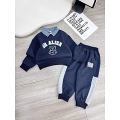 Quần áo thu đông bé trai, set bộ nỉ 2 da cổ áo sơmi Jean tháo rời cho bé 10-30kg