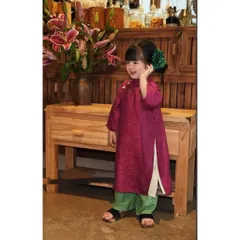 Áo dài cách tân cho bé gái, set áo dài lụa vân mây, quần lụa và túi vải cho bé 10-35kg