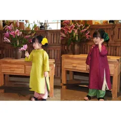 Áo dài cách tân cho bé gái, set áo dài lụa vân mây, quần lụa và túi vải cho bé 10-35kg
