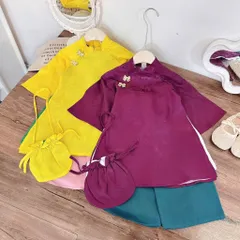 Áo dài cách tân cho bé gái, set áo dài lụa vân mây, quần lụa và túi vải cho bé 10-35kg
