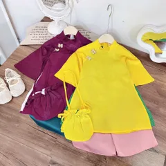Áo dài cách tân cho bé gái, set áo dài lụa vân mây, quần lụa và túi vải cho bé 10-35kg