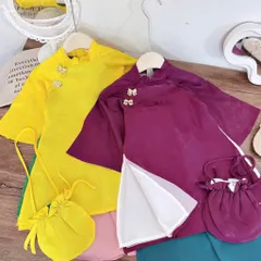 Áo dài cách tân cho bé gái, set áo dài lụa vân mây, quần lụa và túi vải cho bé 10-35kg