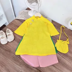 Áo dài cách tân cho bé gái, set áo dài lụa vân mây, quần lụa và túi vải cho bé 10-35kg