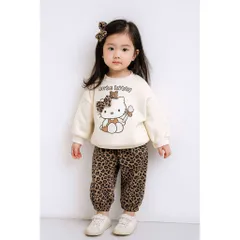 Quần áo thu đông bé gái, set bộ nỉ 2 da hoạ tiết CUTE KITTY kèm quần ống bo da beo cho bé 10-30kg