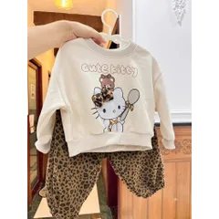Quần áo thu đông bé gái, set bộ nỉ 2 da hoạ tiết CUTE KITTY kèm quần ống bo da beo cho bé 10-30kg