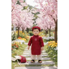 Áo dài cách tân bé trai, set 4ct: áo dài, quần lụa, mấn và túi đựng Lì xì cho bé 8-27kg