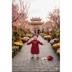 Áo dài cách tân bé trai, set 4ct: áo dài, quần lụa, mấn và túi đựng Lì xì cho bé 8-27kg