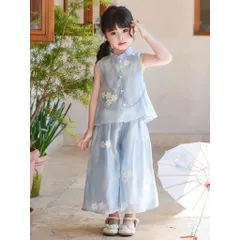 Quần áo bé gái, set bộ áo sát nách kèm quần ống suông chất tơ thêu hoa cho bé size 10-30kg