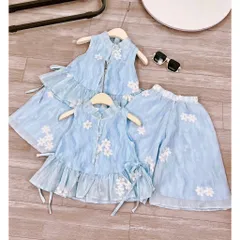Quần áo bé gái, set bộ áo sát nách kèm quần ống suông chất tơ thêu hoa cho bé size 10-30kg