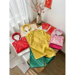 Áo dài cách tân cho bé gái, set 3ct áo dài lụa 6 cúc: bộ quàn áo và bờm cho bé 8-30kg