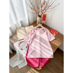 Áo dài cách tân cho bé gái, set 3ct áo dài lụa 6 cúc: bộ quàn áo và bờm cho bé 8-30kg