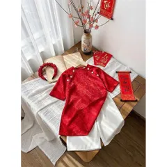 Áo dài cách tân cho bé gái, set 3ct áo dài lụa 6 cúc: bộ quàn áo và bờm cho bé 8-30kg
