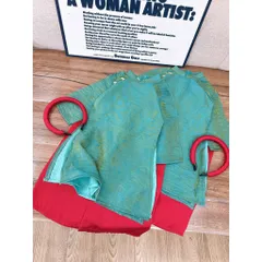 Áo dài cách tân cho bé gai, set 3ct áo dài xanh quần lụa đỏ và bờm cho bé size 10-30kg