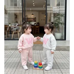 Loại 1- Quần áo thu đông bé gái, set bộ nỉ 2 da thêu đắp chữ W cho bé 10-35kg