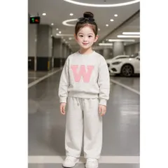 Loại 1- Quần áo thu đông bé gái, set bộ nỉ 2 da thêu đắp chữ W cho bé 10-35kg