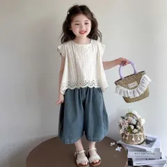 Quần áo bé gái, set áo ren thô boi kết hợp quần jean lửng ống rộng phong cách Hàn Quốc cho bé 10-30kg