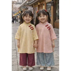 Áo dài cách tân cho bé gái, set áo dài tơ tằm ánh kim 3 cúc cách điệu cho bé 10-30kg