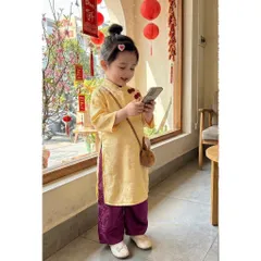 Áo dài cách tân cho bé gái, set áo dài tơ tằm ánh kim 3 cúc cách điệu cho bé 10-30kg