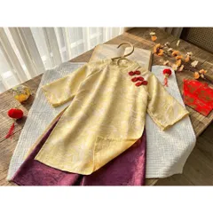 Áo dài cách tân cho bé gái, set áo dài tơ tằm ánh kim 3 cúc cách điệu cho bé 10-30kg