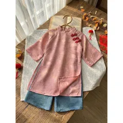 Áo dài cách tân cho bé gái, set áo dài tơ tằm ánh kim 3 cúc cách điệu cho bé 10-30kg
