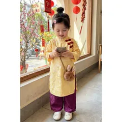 Áo dài cách tân cho bé gái, set áo dài tơ tằm ánh kim 3 cúc cách điệu cho bé 10-30kg