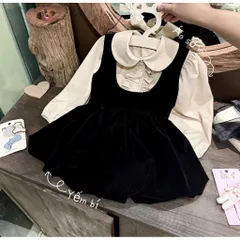 Váy cho bé gái, set áo sơ mi cổ sen kèm váy yếm nhung dáng bí siêu xinh cho bé 10-30kg