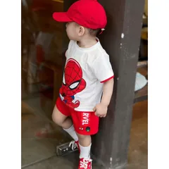 Quần áo bé trai, set bộ áo cotton Spider Man kèm quần short chân cua cho bé 8-25kg