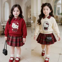 Váy cho bé gái, Set váy áo nỉ có cổ thêu mèo Hello Kitty kèm chân váy dạ kẻ đỏ size bé 10–32kg