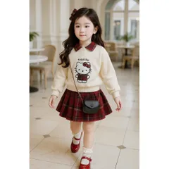 Váy cho bé gái, Set váy áo nỉ có cổ thêu mèo Hello Kitty kèm chân váy dạ kẻ đỏ size bé 10–32kg