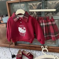 Váy cho bé gái, Set váy áo nỉ có cổ thêu mèo Hello Kitty kèm chân váy dạ kẻ đỏ size bé 10–32kg