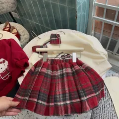 Váy cho bé gái, Set váy áo nỉ có cổ thêu mèo Hello Kitty kèm chân váy dạ kẻ đỏ size bé 10–32kg