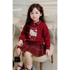 Váy cho bé gái, Set váy áo nỉ có cổ thêu mèo Hello Kitty kèm chân váy dạ kẻ đỏ size bé 10–32kg