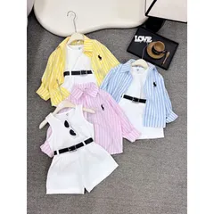 Quần áo bé gái, set 4ct: áo sơ mi kẻ thêu ngựa, áo ba lỗ, quần short đùi và dây lưng cho bé 10-30kg