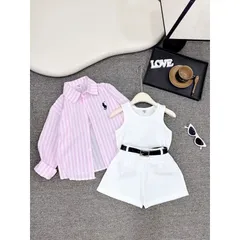 Quần áo bé gái, set 4ct: áo sơ mi kẻ thêu ngựa, áo ba lỗ, quần short đùi và dây lưng cho bé 10-30kg