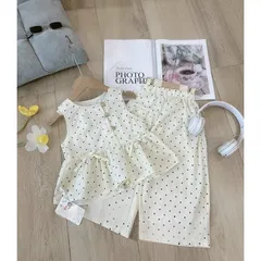 Quần áo bé gái, set bộ chất đũi chấm bi áo sát nách dáng Pelum quần lửng rộng cho bé 10-28kg