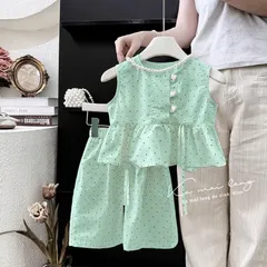 Quần áo bé gái, set bộ chất đũi chấm bi áo sát nách dáng Pelum quần lửng rộng cho bé 10-28kg