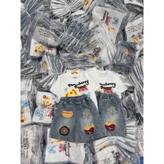 Quần áo cộc tay bé gái, set áo phông kết hợp quần Short Jean Style Street cho bé 13-35kg