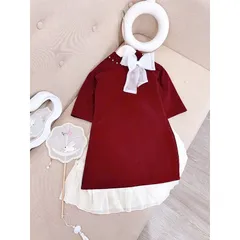 Áo dài cách tân cho bé gái, set áo dài nhung đỏ nơ cổ kèm chân váy size đại cho bé 15-38kg