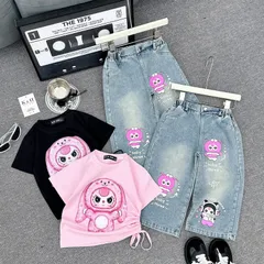 Quần áo bé gái, set bộ áo cotton hình thỏ in hình nhiệt lụa kèm quần jean ống rộng cho bé 10-32kg