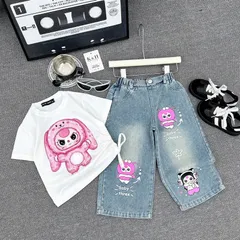 Quần áo bé gái, set bộ áo cotton hình thỏ in hình nhiệt lụa kèm quần jean ống rộng cho bé 10-32kg