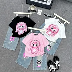 Quần áo bé gái, set bộ áo cotton hình thỏ in hình nhiệt lụa kèm quần jean ống rộng cho bé 10-32kg