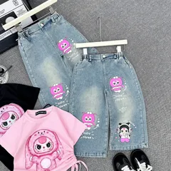 Quần áo bé gái, set bộ áo cotton hình thỏ in hình nhiệt lụa kèm quần jean ống rộng cho bé 10-32kg