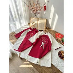 Áo dài cách tân cho bé, set cặp áo dài nhung chéo lì thêu chữ TẾT cho bé trai và bé gái từ 9-30kg