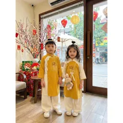 Áo dài cách tân cho bé, set cặp áo dài nhung chéo lì thêu chữ TẾT cho bé trai và bé gái từ 9-30kg