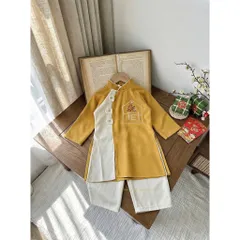 Áo dài cách tân cho bé, set cặp áo dài nhung chéo lì thêu chữ TẾT cho bé trai và bé gái từ 9-30kg
