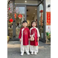 Áo dài cách tân cho bé, set cặp áo dài nhung chéo lì thêu chữ TẾT cho bé trai và bé gái từ 9-30kg