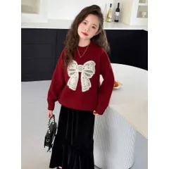 Váy cho bé gái, set áo nỉ đỏ thêu đắp nơ ren phối chân váy nhung dài thích hợp dịp lễ Tết Noel cho bé 14-35kg