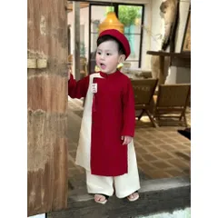 Set Áo Dài Cách Tân Nhung Chéo Lì – Kèm Mấn & Dây Khánh Thêu Chữ “TẾT” cho Bé Trai (10–30kg)
