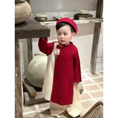Set Áo Dài Cách Tân Nhung Chéo Lì – Kèm Mấn & Dây Khánh Thêu Chữ “TẾT” cho Bé Trai (10–30kg)