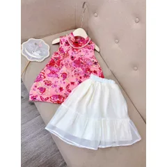 Váy bé gái, set áo hoa cổ tàu kèm chân váy voan tơ cho bé 10-30kg